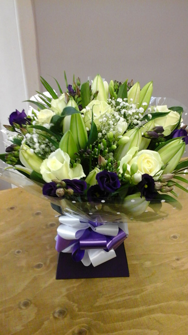 Get well soon flowers bouquet aqua boxed white green purple GWSB1
